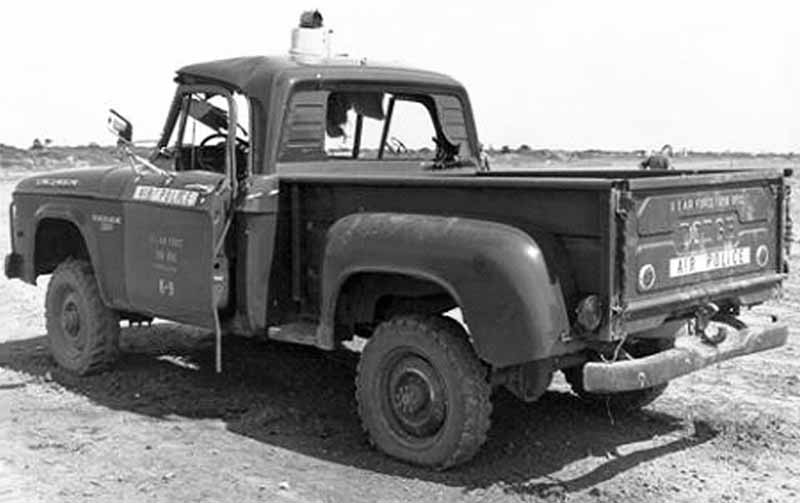 18. Battle damaged 377th Air Police Pickup Truck. Note: The busted gum-ball red light on top.