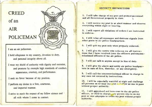 Air Policeman's Creed, and Security Instructions. 1967.