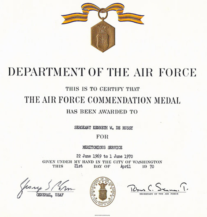 32. Air Force Commendation Medal, Awarded to Sergeant Kenneth W. de Russy / Meritorious Service.