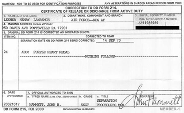 16. Correction to DD Form 214 (No Form).