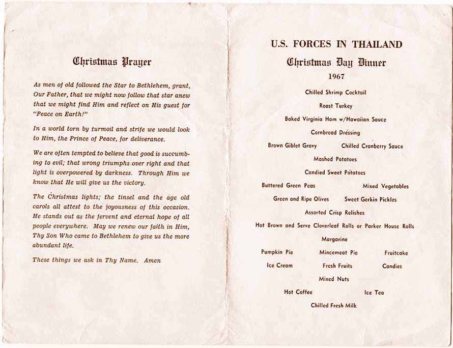 2. Ubon RTAFB, Christmas Card Menu and Prayer, U.S. Forces In Thailand. Ubon RTAFB, Christmas Card Menu and Prayer. Submitted by Ray Rash. 1967. 
