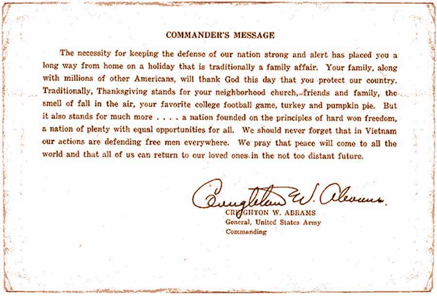 3. Ubon RTAFB, Thanksgiving Day Card Menu. Commanders Message. Submitted by Ray Rash. 1967. 