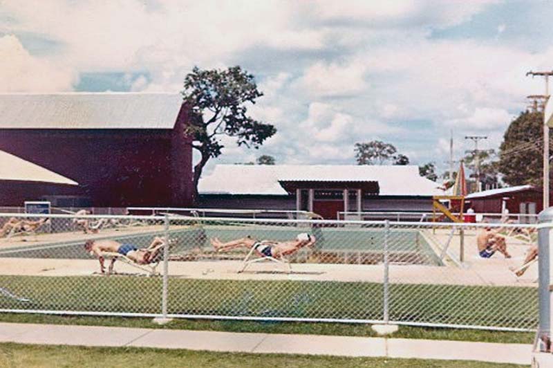 Photo of the base swimming pool. Note: There is no water in the pool! Photo by George Knowles 1967-1968..