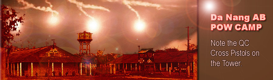 2. The Đà Nẵng Air Base VC/NVA POW Camp, near the base's maingate, is backlit by flares during the 1966 Buddhist uprising. U.S. forces remained netural until near the end when General Ky led ARVN troops into the city of Đà Nẵng and broke the rebellion. ARVN AF bombed pockets of resistence near the Air Base, but were very careful not to strike the base. Photo by Don Poss 1965-1966.